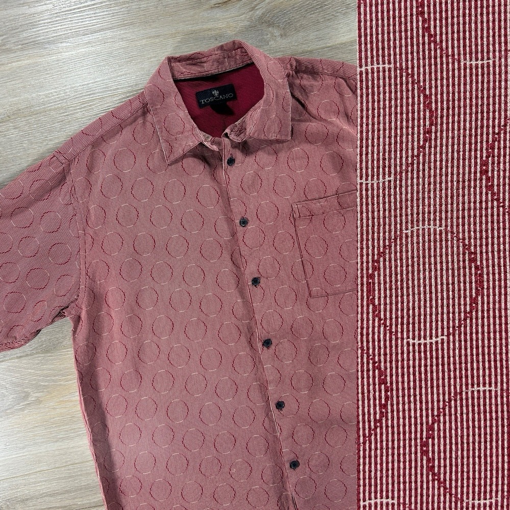 Toscano Men's XL‎ 100% Silk Short Sleeve Red  Circle Stripe Casual Resort Wear